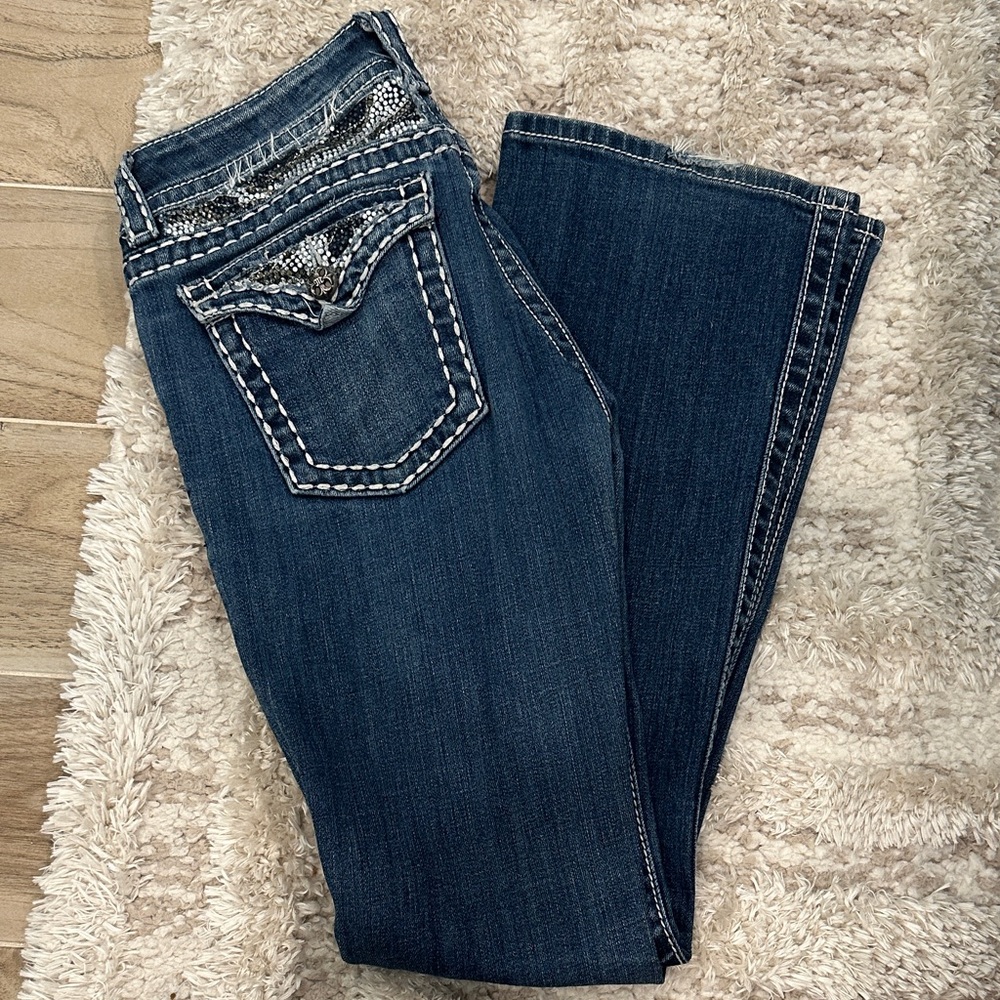 Miss Me Dark Blue Boot Cut Jeans with Silver Accents